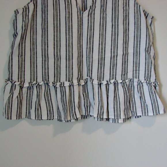 Linen Striped Sleeveless Top Blue White Gold Lurex Ruffle Hem Flowy Large Petite - Picture 4 of 11